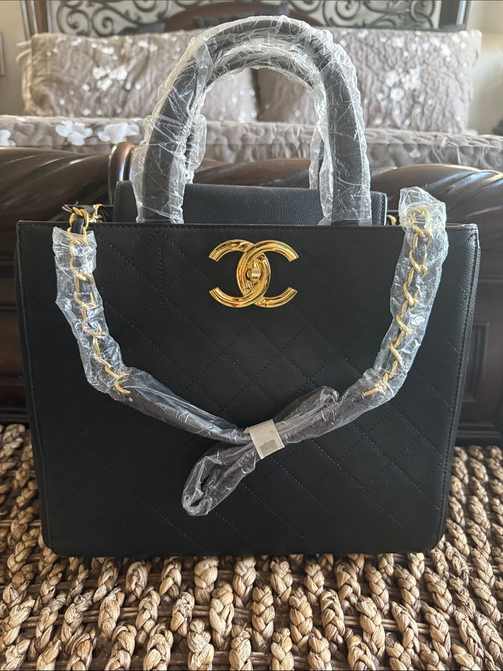 Black Quilted Top-Handle Satchel with Gold Hardware